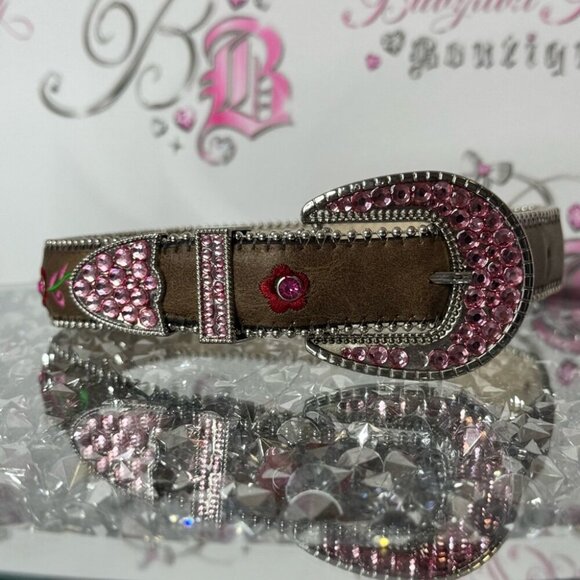 Belt rhinestone bling embroidered Brown and Pink Embellished Belt main image 4